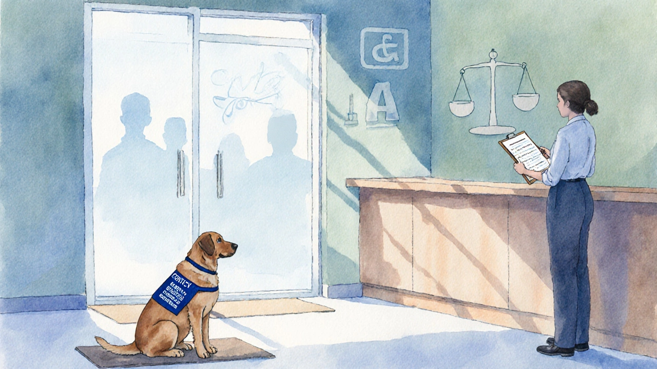 A business owner watches a service dog at the entrance while reviewing a policy checklist.