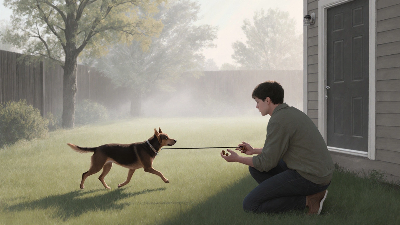A dog on a leash cautiously approaches a person holding a single treat in a calm backyard.
