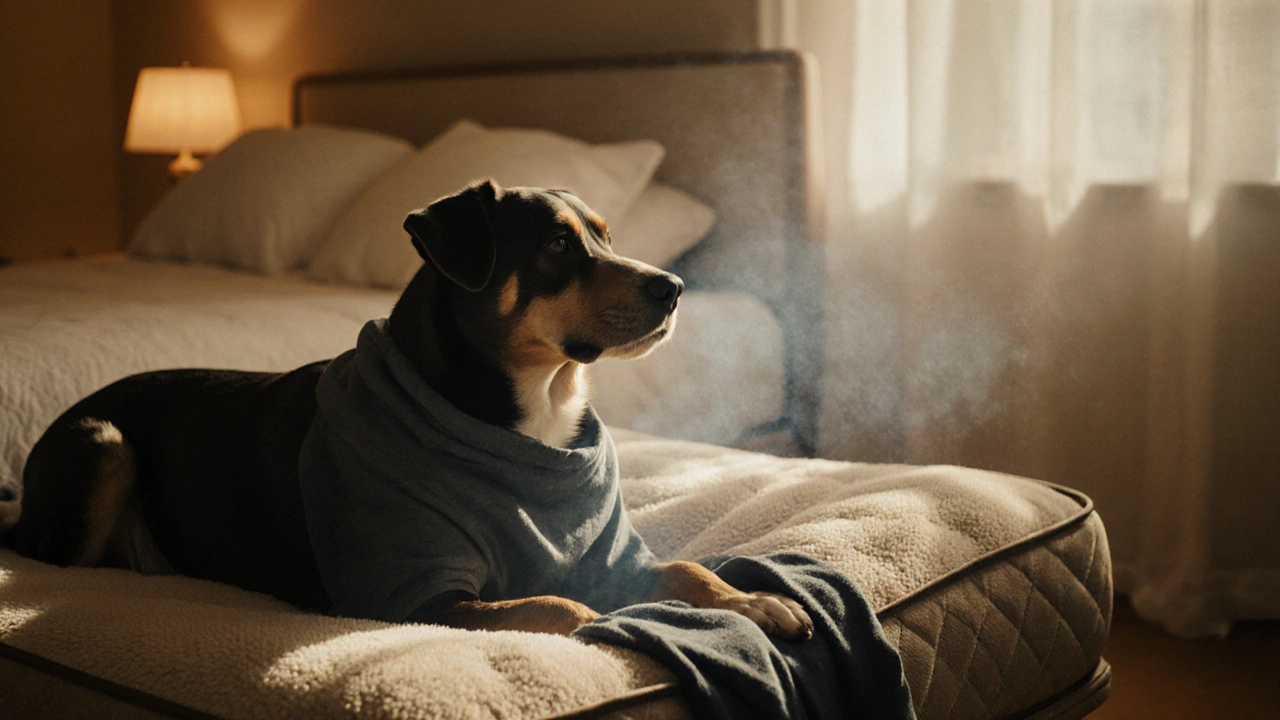 A dog resting on its own bed beside a human bed, with a familiar shirt inside.