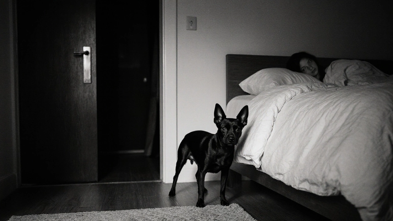 A small dog standing alert beside a bed, watching the hallway with protective focus.