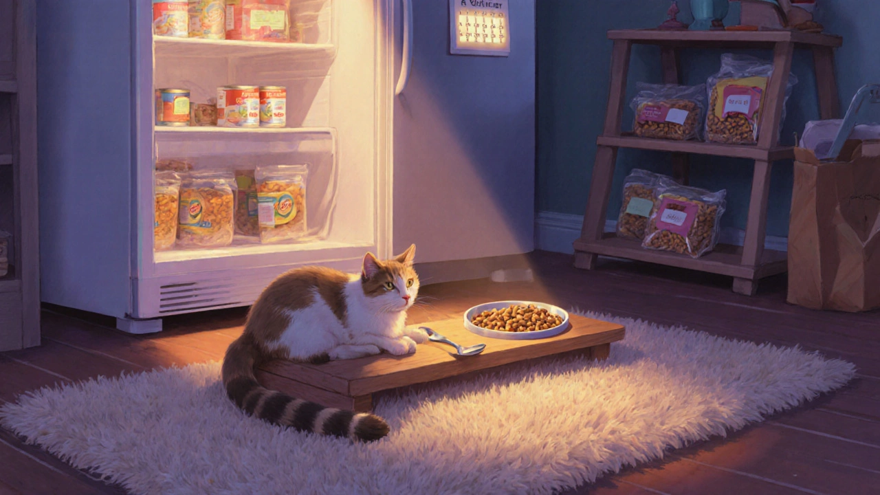 Cat resting beside a mixed food bowl with fridge and pantry indicating proper storage.