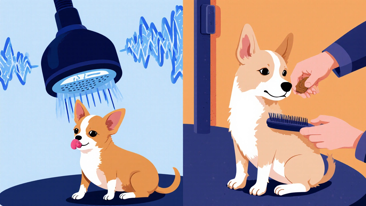 Chihuahua reacting anxiously to a loud dryer while owner offers a calm alternative.