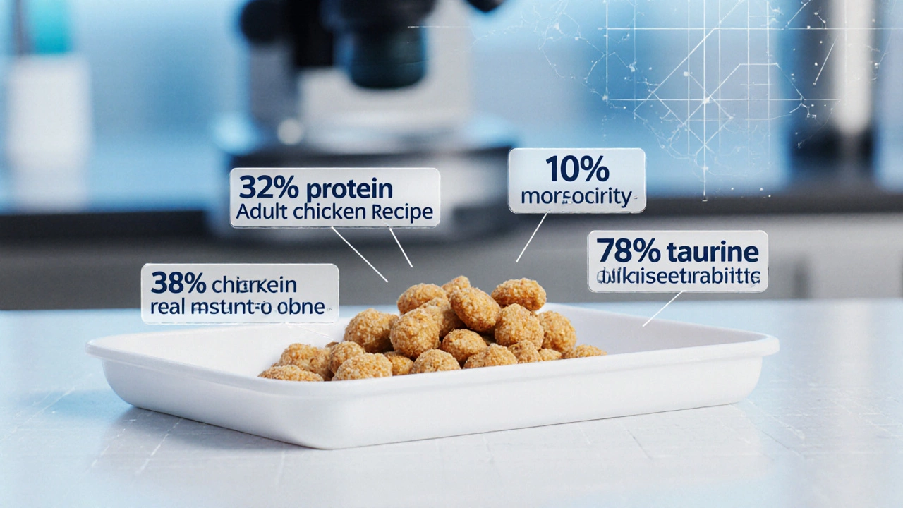 Close‑up of Hill's Science Diet kibble with labeled nutritional highlights on a lab tray.
