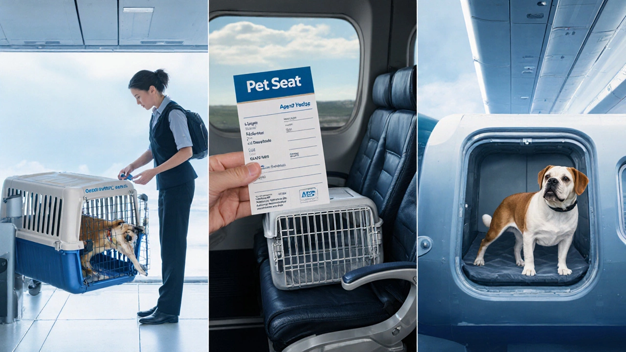 Collage of gate‑check, pet seat purchase, and cargo crate options for an oversized carrier.
