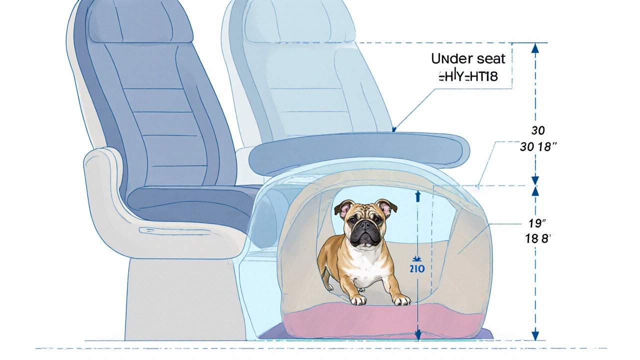 Cross‑section of an airline seat showing dimensions and a 30‑lb dog in a carrier fitting under the seat.