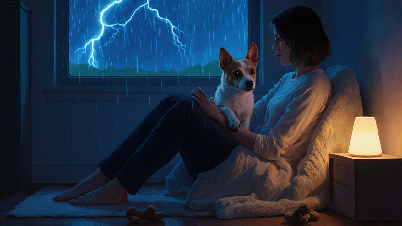 Dog pressing paw on owner during storm, looking anxious with rain outside window.