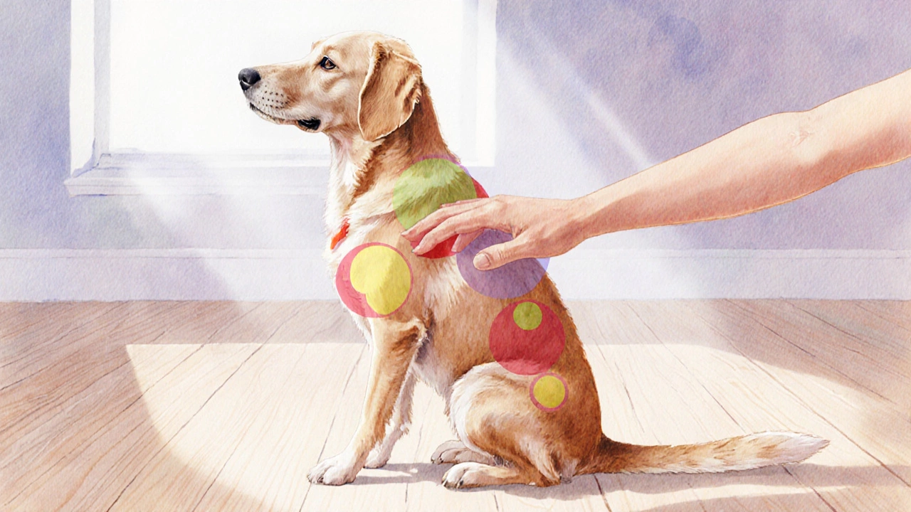 Dog with highlighted no‑pet zones; hand gently petting its chest side.