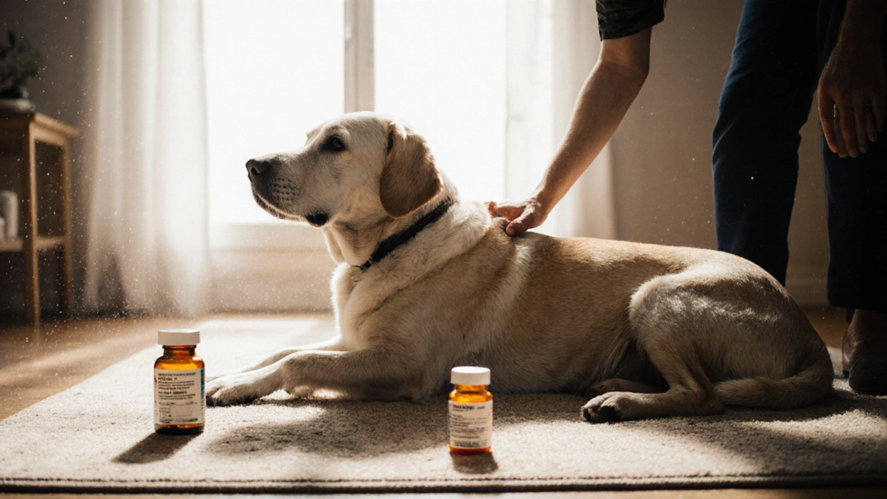 Elderly dog pawing gently near joint supplements, owner comforting him.