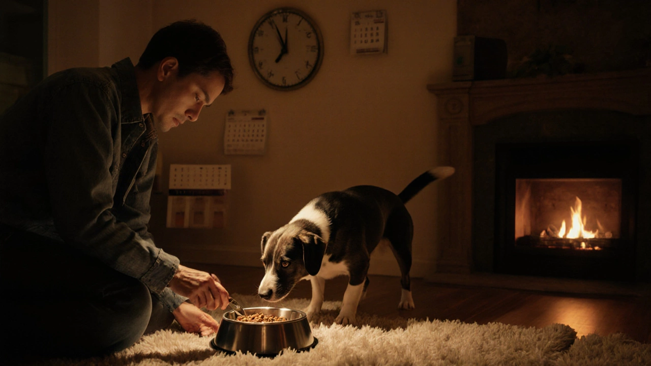 Evening home scene of an owner feeding a dog at a consistent time.