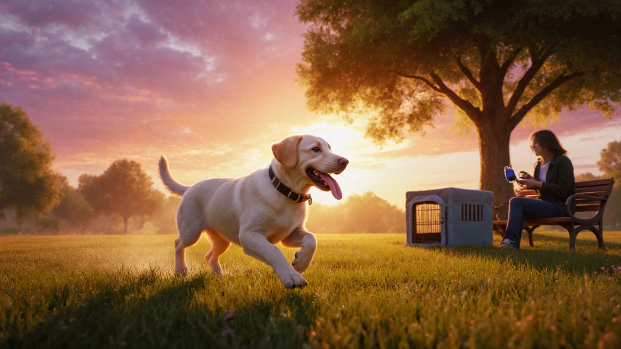 Five‑month‑old Labrador sprinting in a park as its owner watches with a clicker.