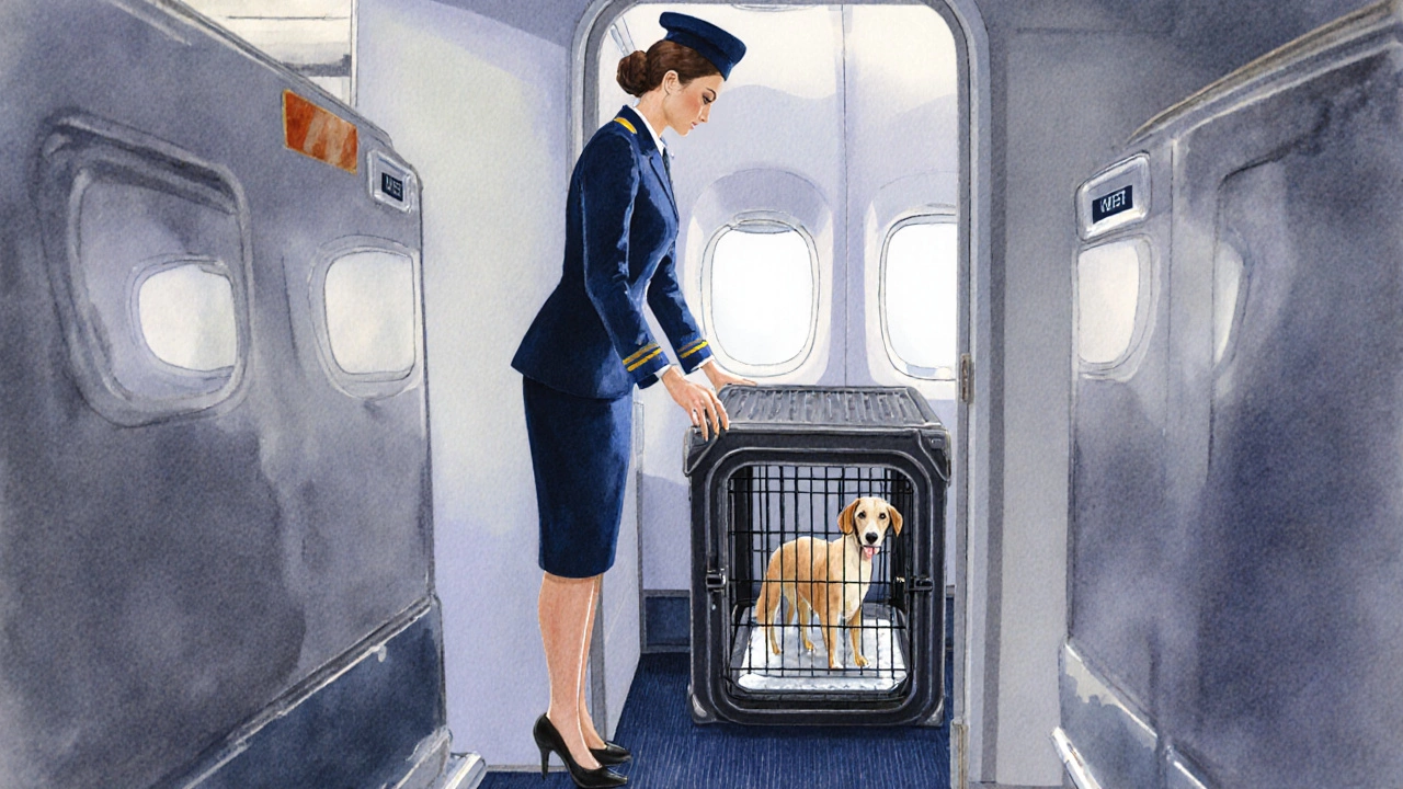 Flight attendant sliding a crate with a dog on a pee pad out of the plane bulkhead.