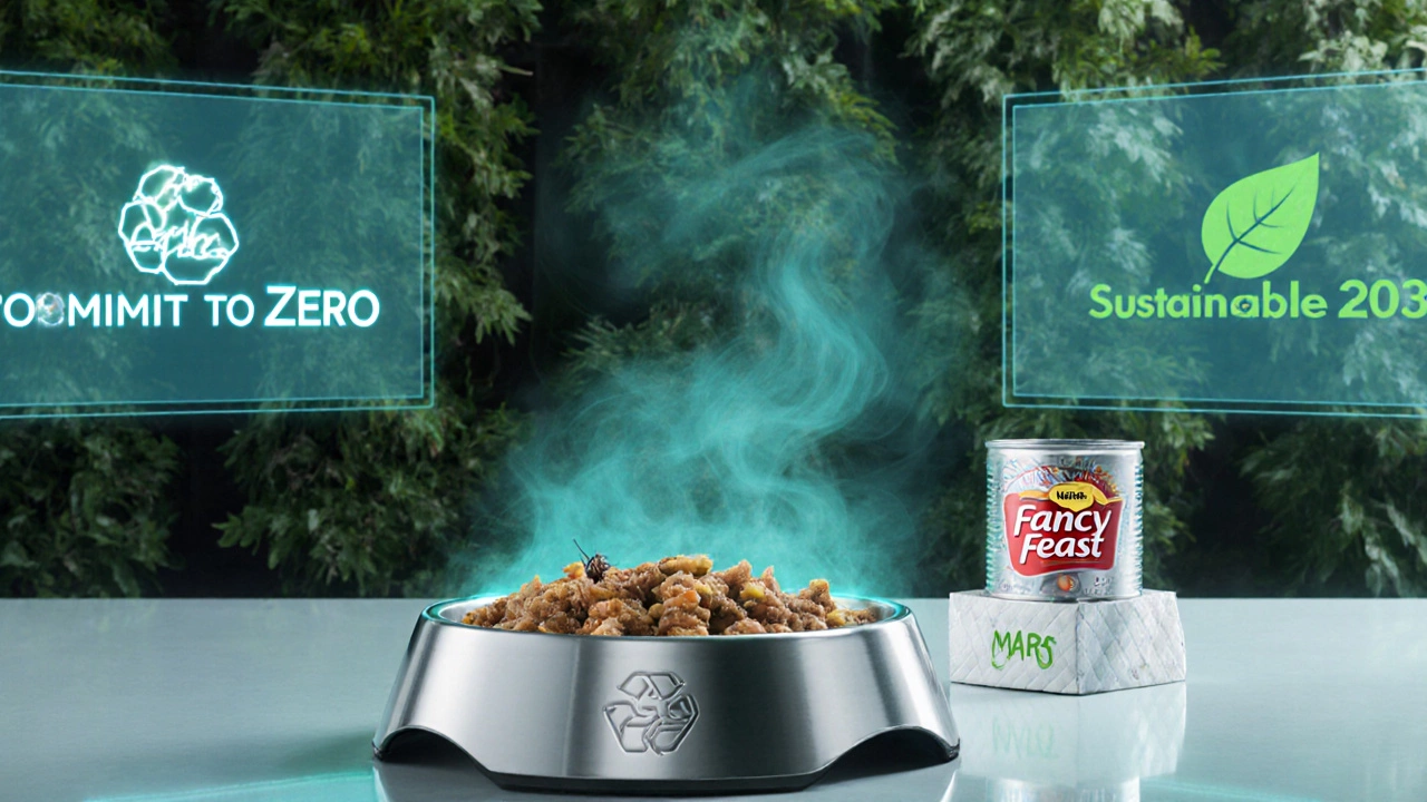 Futuristic cat dining scene with sustainable packaging and lab‑grown food.