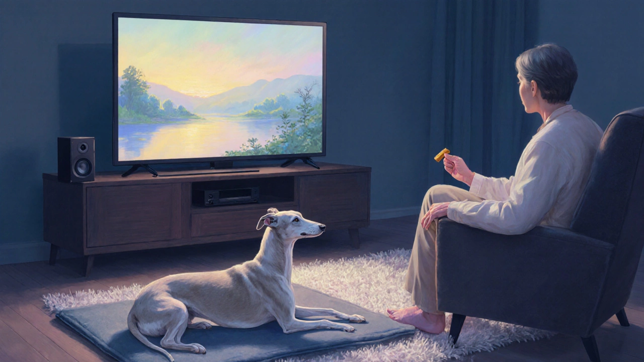 Greyhound resting on a mat near a low‑volume TV while owner offers a treat.