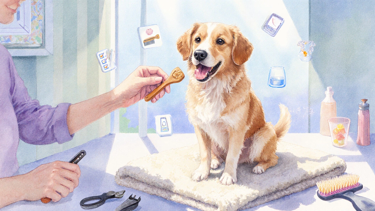 Happy dog after grooming, receiving a treat in a calm, sunny setting.
