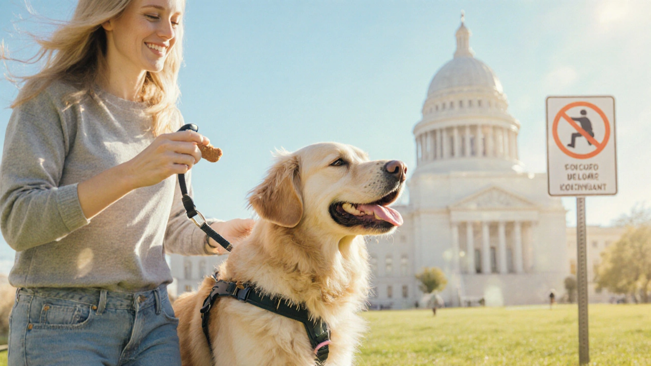Happy dog in a front‑clip harness walking with owner using a clicker and treat.