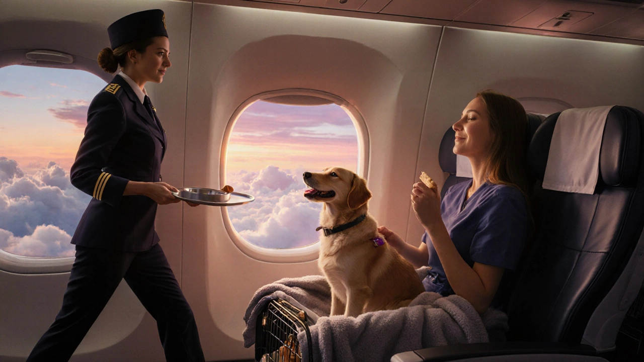 Happy dog looking out airplane window with owner, surrounded by pet comfort items.
