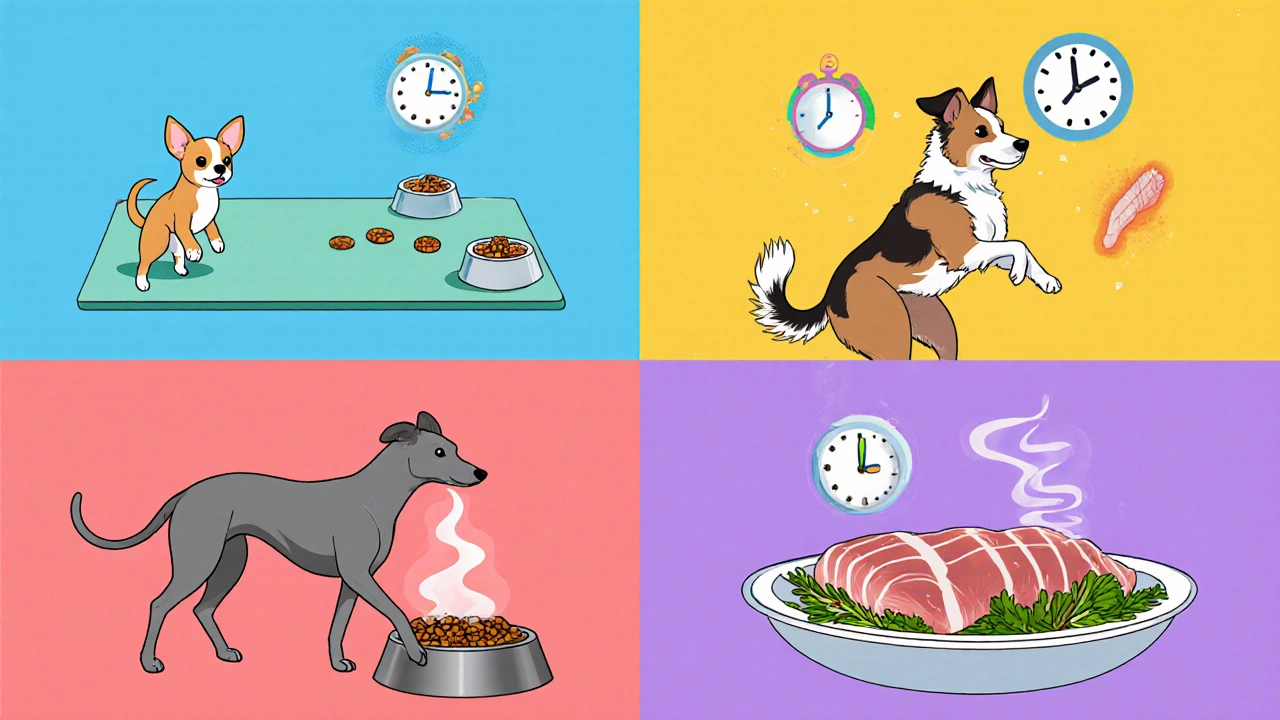Illustrated collage showing small breed, active dog, senior dog, and raw food factors.