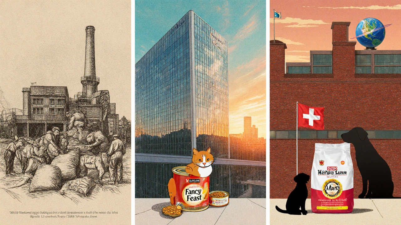 Illustrated timeline of Purina’s evolution from Ralston to Nestlé and Mars, with Fancy Feast launch.