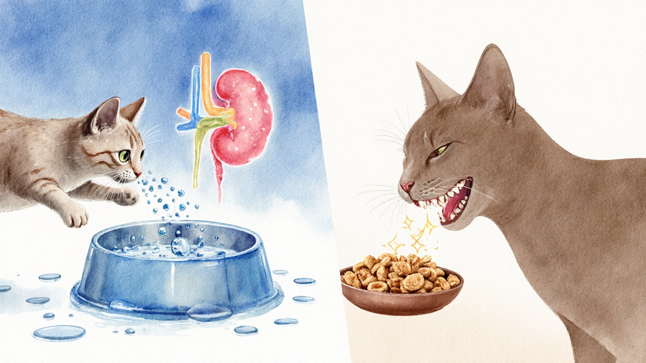 Illustration of a cat with wet food droplets and crunchy kibble showing health benefits.