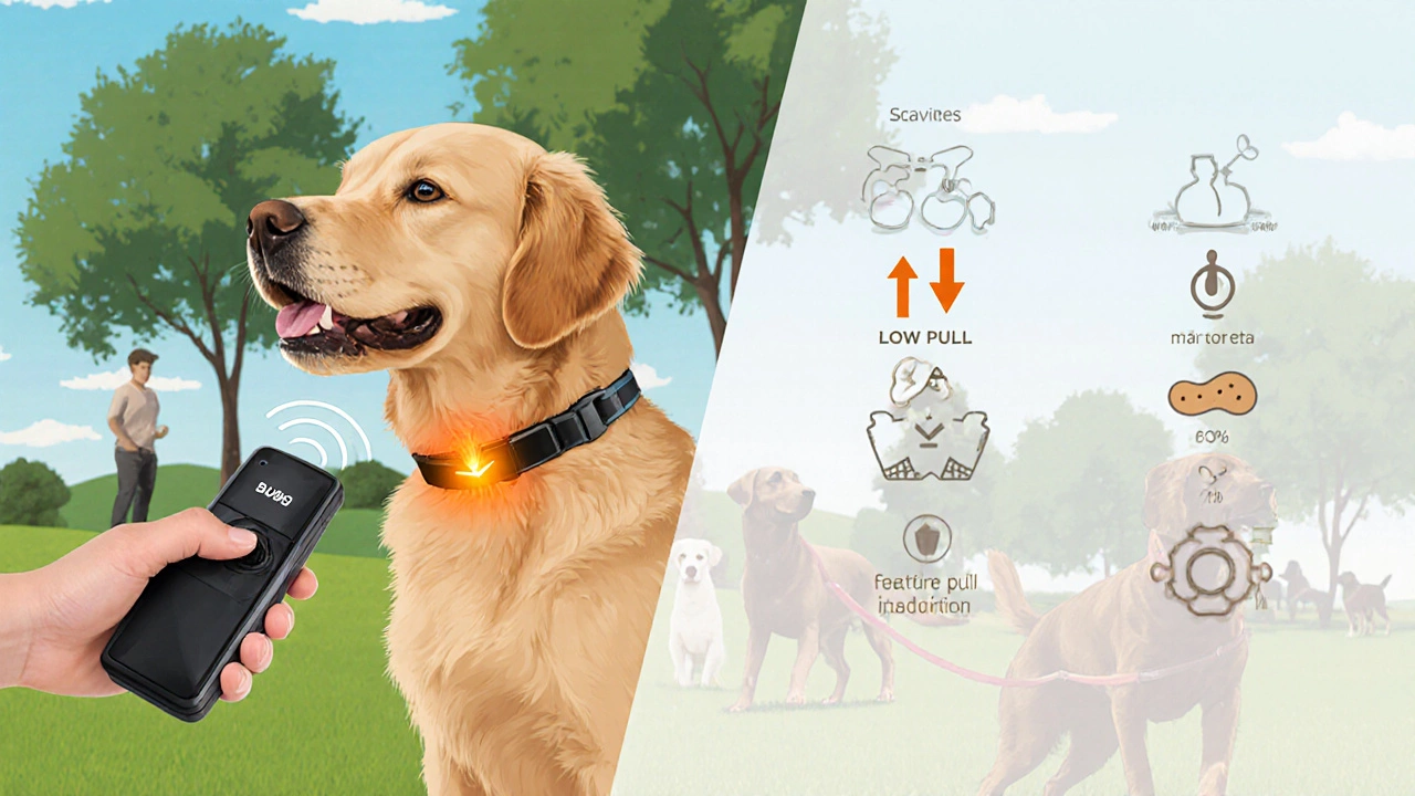 Illustration of a dog with vibrating collar in park, visual icons showing reduced pulling and reward.