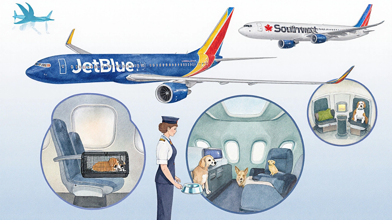 Illustration of multiple airlines showing pet-friendly services inside cabins and cargo holds.