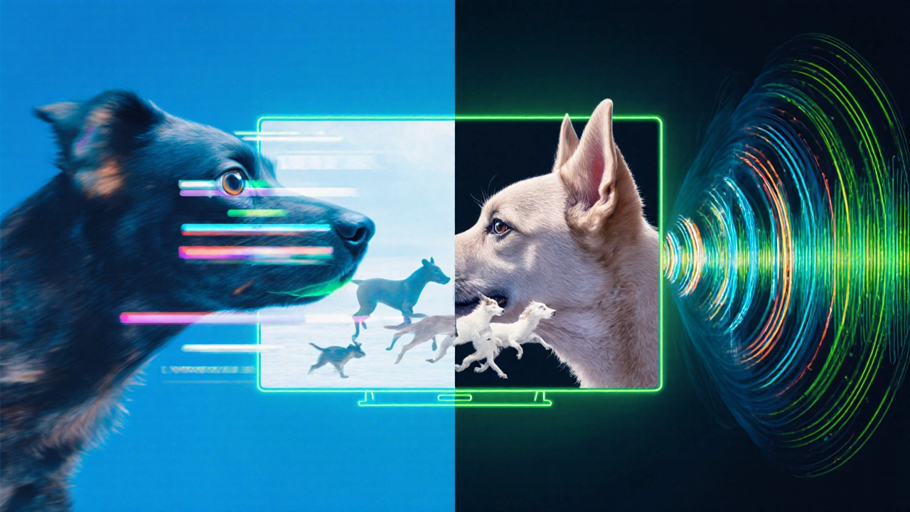 Illustration showing a dog&#039;s eye with motion blur and an ear with sound waves beside a TV.