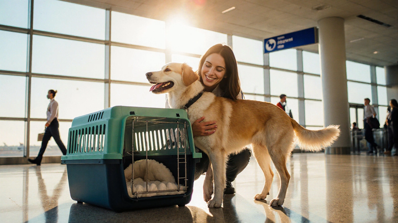 Owner joyfully reuniting with a calm dog after a cargo flight.