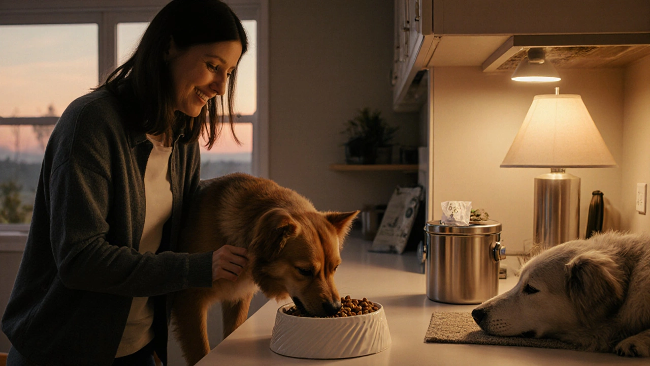 Owner sets a timer while a dog eats from a slow‑feed bowl, with a clean bowl ready for the next meal.