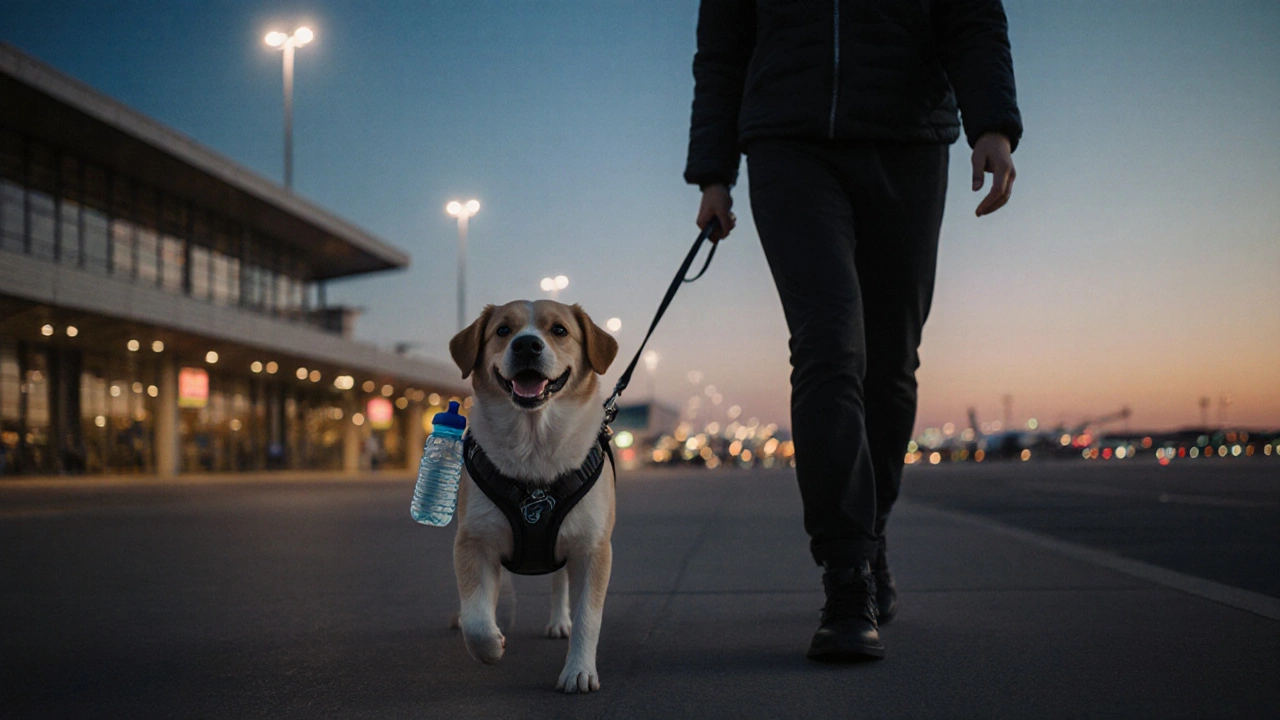 Owner walking a happy dog wearing a diaper on the airport tarmac at sunset.