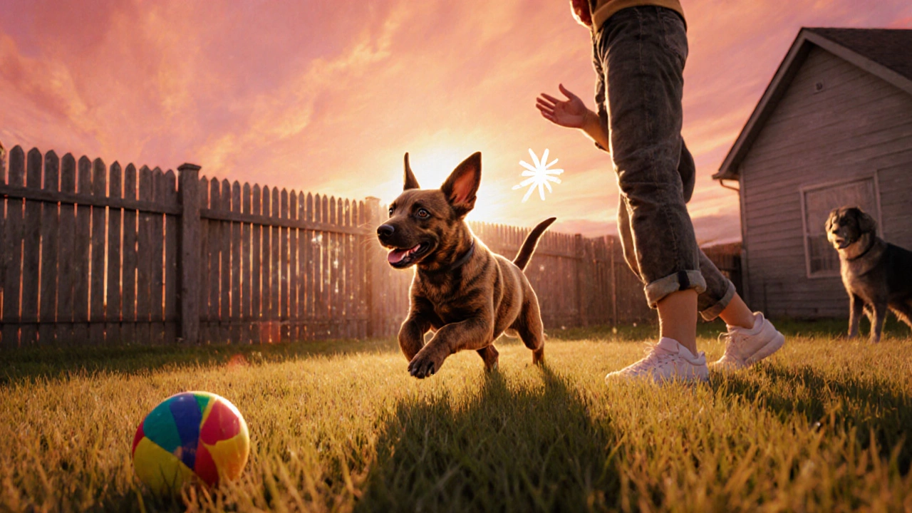 Puppy dashes toward owner outside at sunset, ignoring a rolling ball and nearby dog.