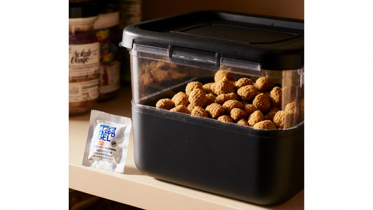 Sealed container of kibble with a silica gel packet placed on a pantry shelf.