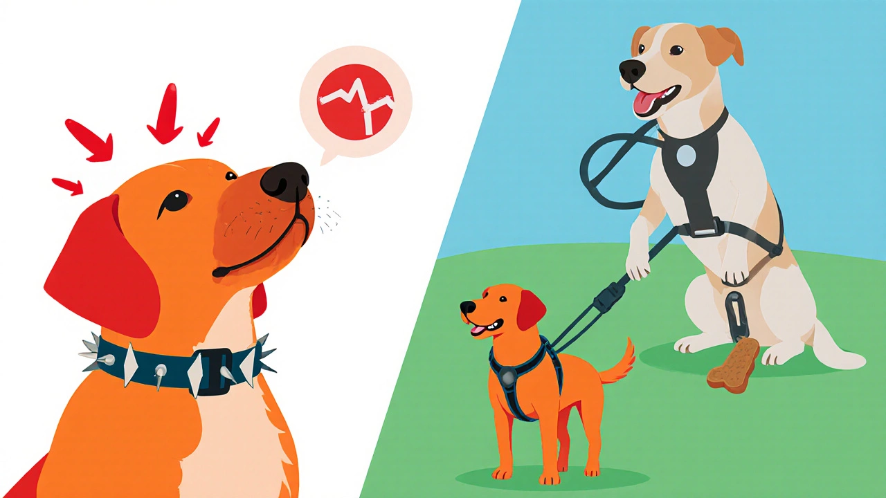 Split illustration comparing a prong collar with stress icons to humane tools.