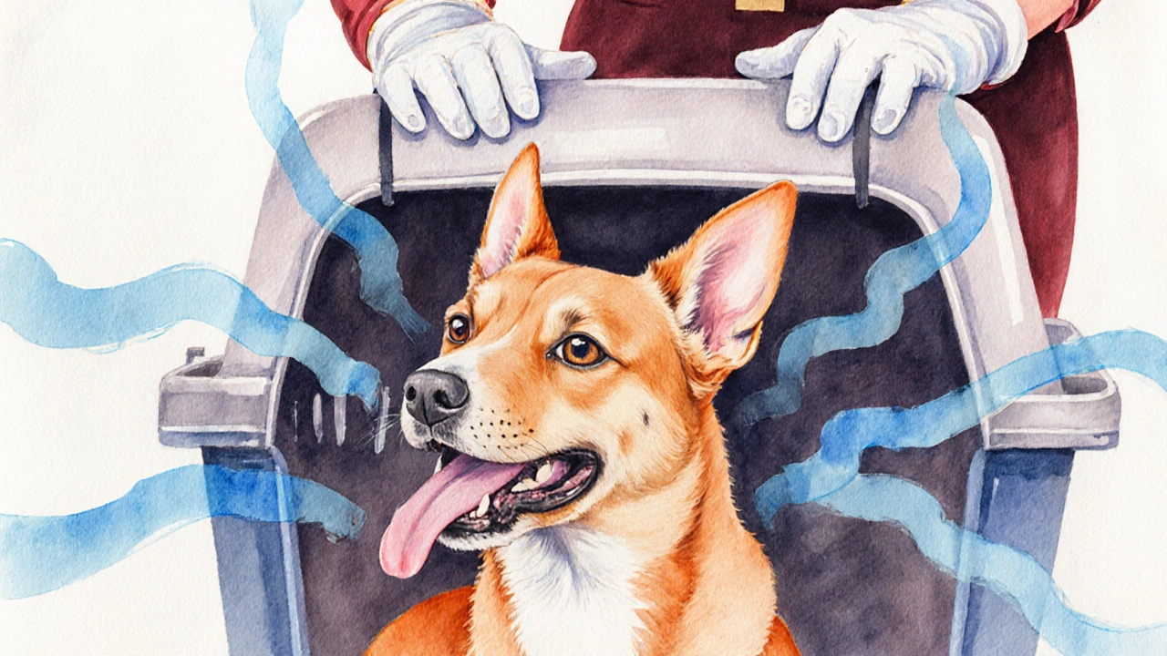 Stressed dog in a ventilated carrier showing panting and trembling during handling.