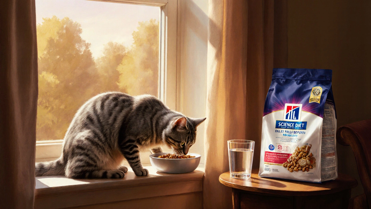 Tabby cat eating Hill's kibble on a sunny windowsill beside a water glass and food bag.