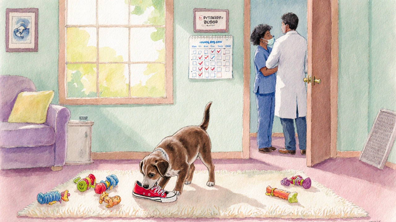 Ten‑week‑old puppy chewing a shoe while a vet administers a vaccine nearby.