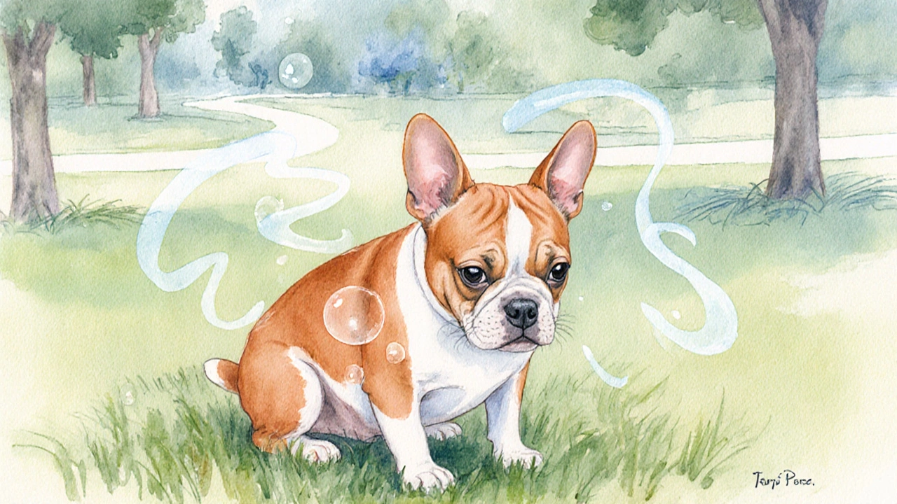Terrier looks uneasy on grass with subtle gas bubbles and hints of diarrhea.