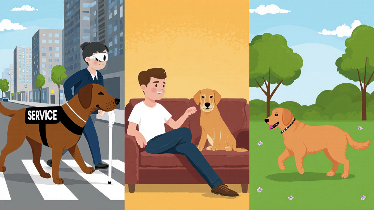 Three dogs shown side by side: a service dog, an emotional support animal, and a regular pet.
