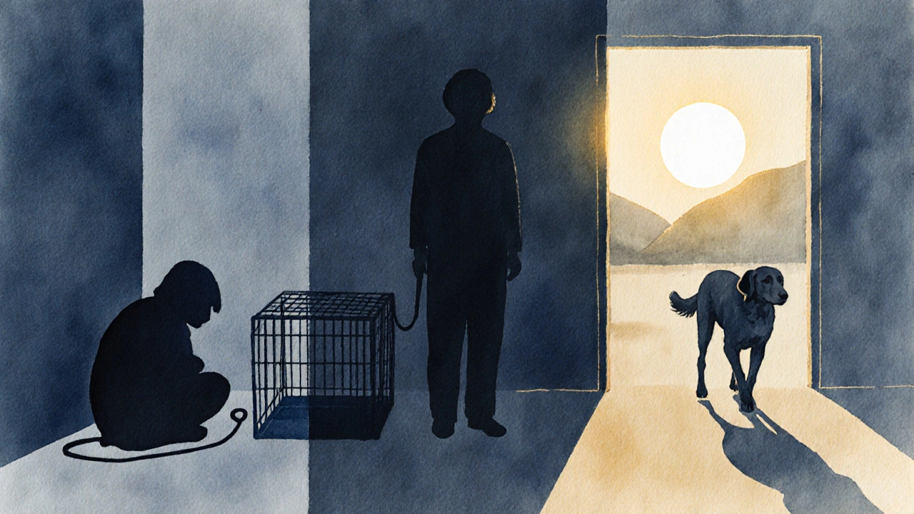 Three symbolic stages of a dog&#039;s adjustment: hiding, relaxing, and stepping forward toward freedom.