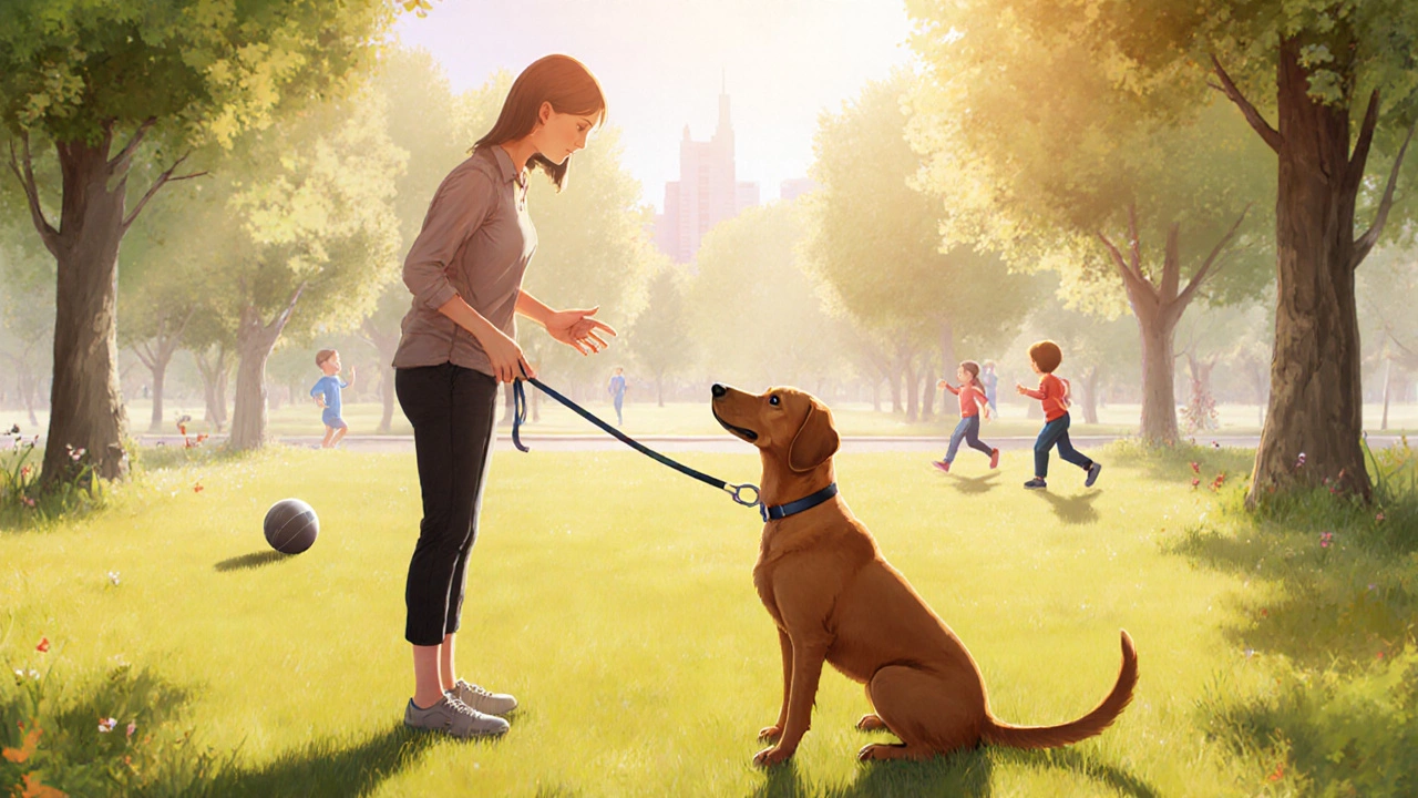 Trainer practicing recall with a dog on a short leash in a sunny park, distractions nearby.