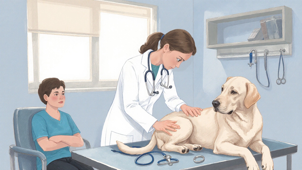 Vet examines a senior Labrador with concerned owner nearby.