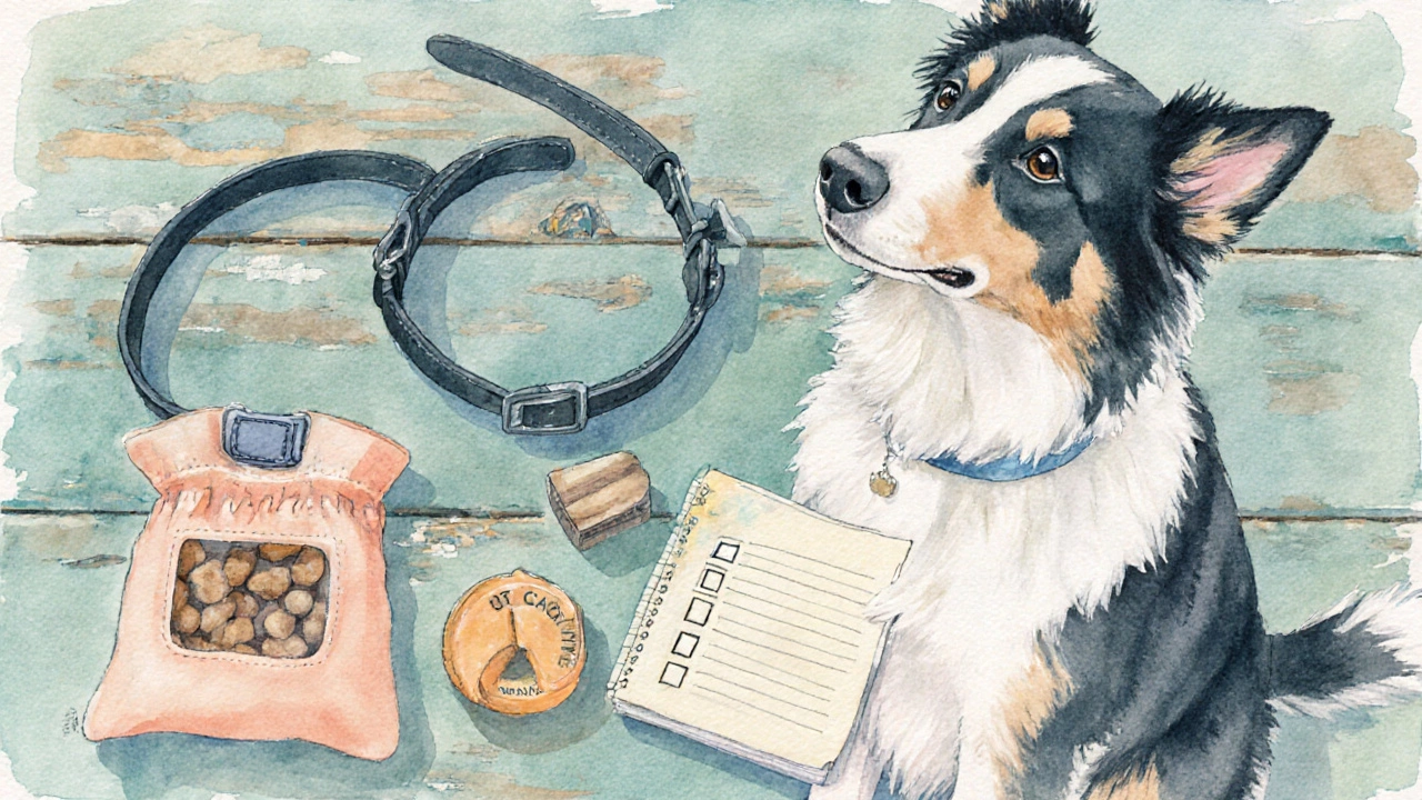 Watercolor of a safety checklist with collar, treats, and calm dog sitting nearby.