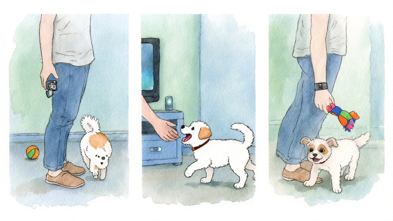 Watercolor panels show owner calling puppy, puppy approaching, and rewarding with a toy.