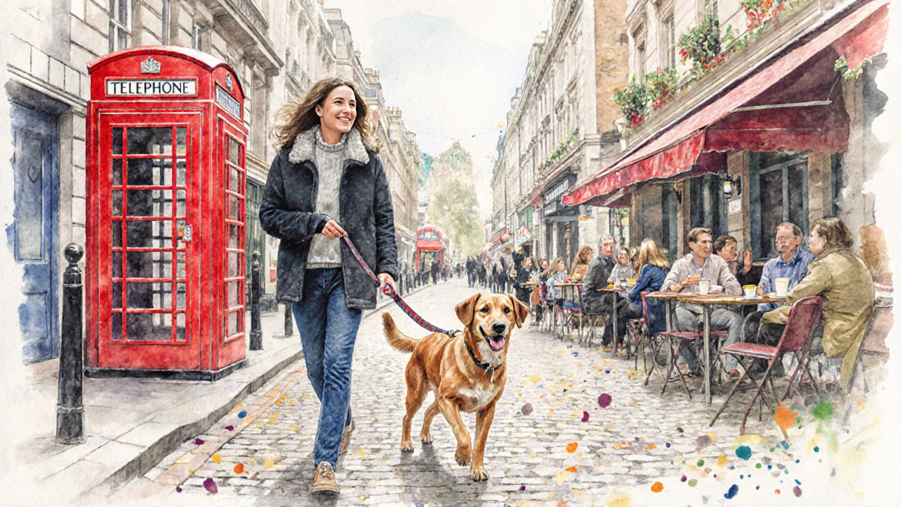 Well‑behaved dog walking on leash beside owner through a busy London street.