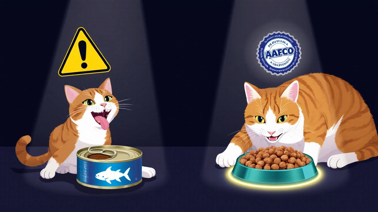 A cat choosing healthy cat food over tuna with symbolic warnings.