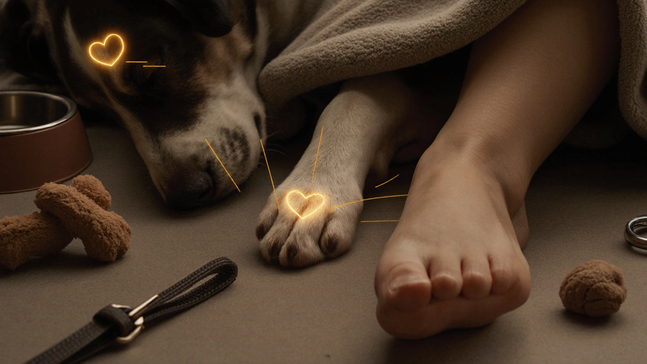 A dog rests its paw on a human foot while both sleep, connected by glowing threads.