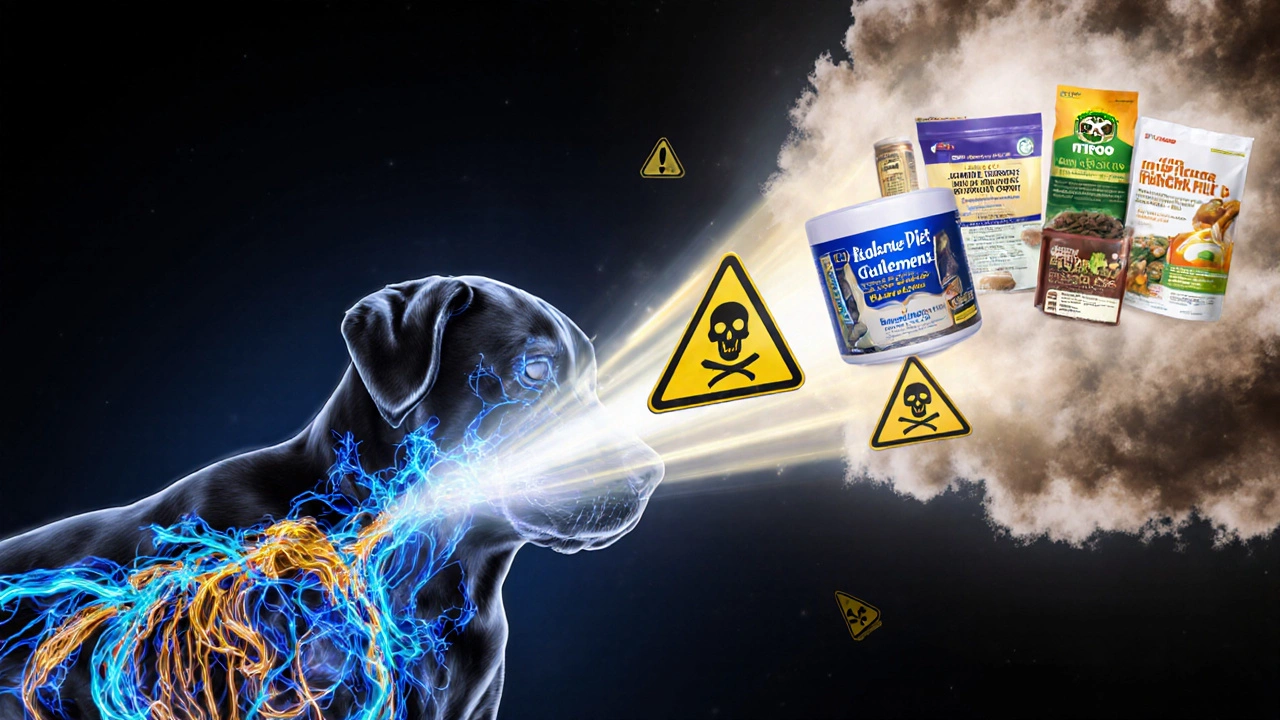 A dog’s internal system lit with nutrients, pushing away dangerous supplement clouds.