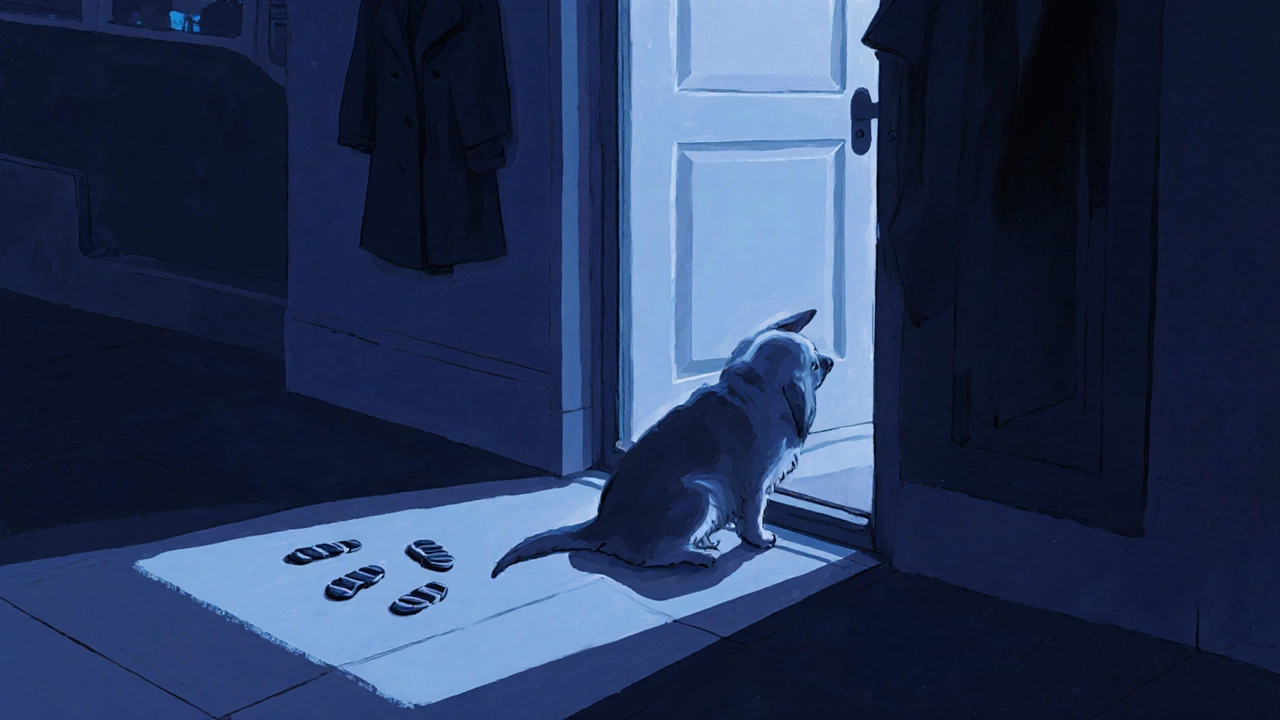 A dog waits by the front door, anticipating their owner&#039;s return.