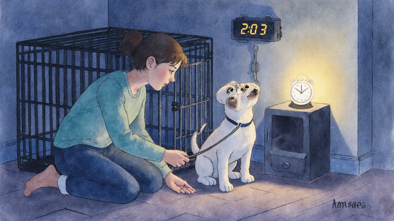 A gentle owner prepares to take a sleepy puppy outside for a nighttime potty break.