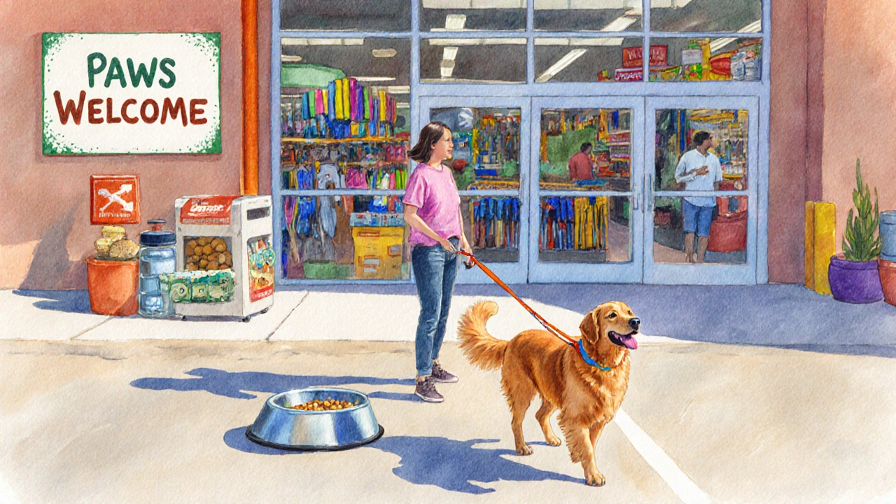 A leashed golden retriever beside its owner at a Home Depot entrance in North Carolina, with water bowl and &#039;Paws Welcome&#039; sign visible.