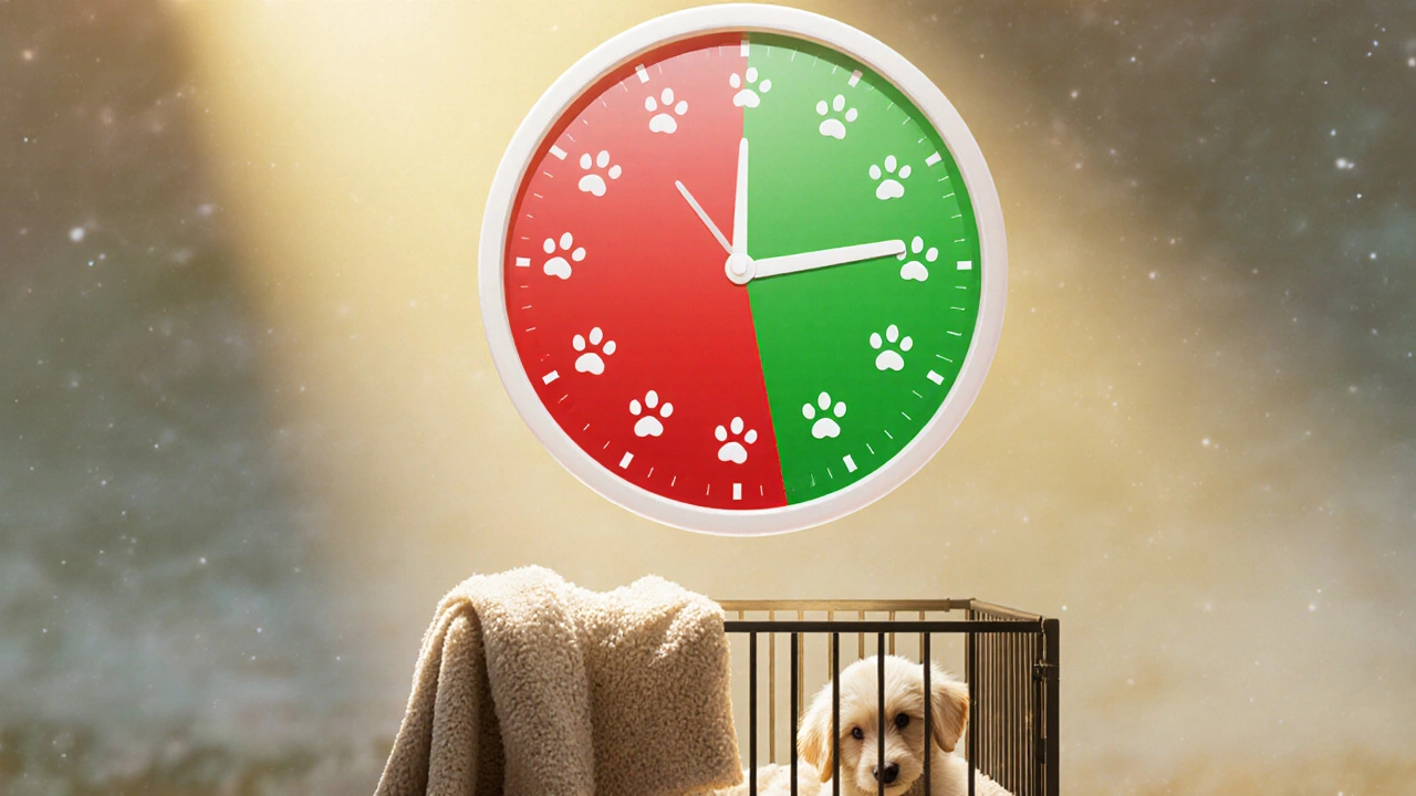 A symbolic clock face shows a puppy&#039;s developing bladder control with paw prints marking age milestones.